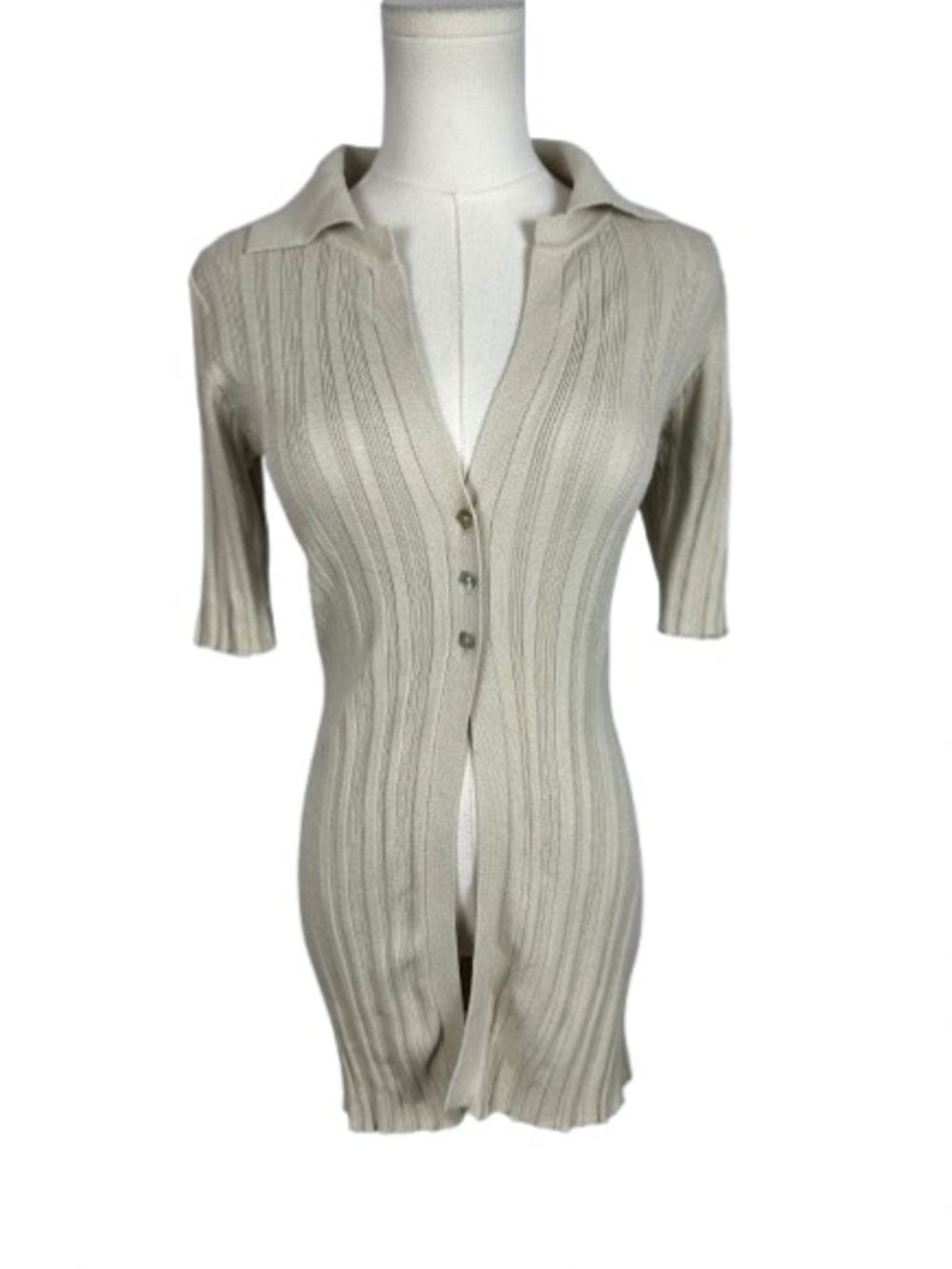 The Line by K Slim Ribbed Button-Front Cardigan in Cream